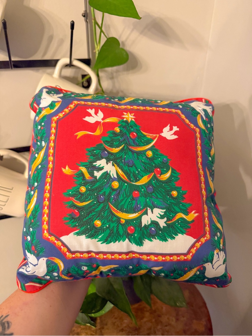 Square Throw Pillow, Multicolor Christmas Tree Pattern, Christmas Decor Vintage